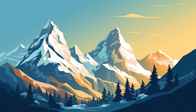 Majestätisch schöne Bergillustration Cartoon flacher Stil einfaches digitales Posterdesign Generative AIxA