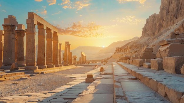 Majestätische alte ägyptische Tempelruinen bei Sonnenuntergang mit wunderschönem Himmel und Wolken im Hintergrund