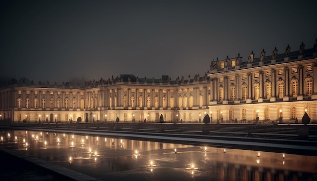 Majestätische Architektur beleuchtet in dunkler Stadtreflexion, die von KI erzeugt wird