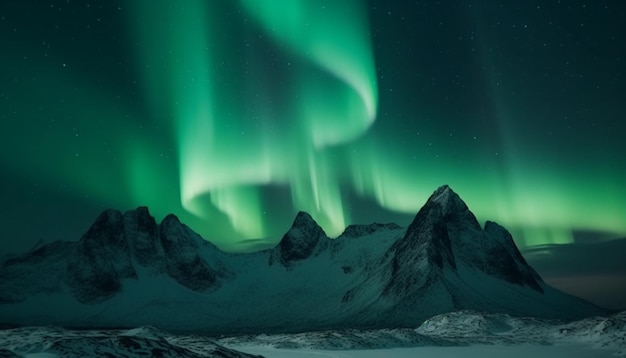Majestätische Bergkette, beleuchtet von Aurora Polaris, die von KI generiert wird