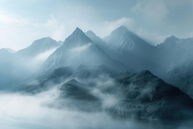 Majestätische Bergkette in Nebel und Wolken gehüllt Nebel umhüllte Berge stehen hoch am frühen Morgen KI generiert