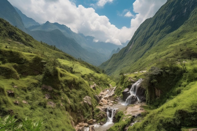 Majestätische Bergkette mit kaskadierenden Wasserfällen und üppigem Grün, geschaffen mit generativer KI