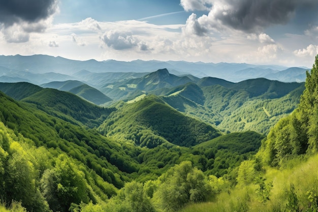 Majestätische Bergkette mit sanften Hügeln und Wäldern im Vordergrund, erstellt mit generativer KI