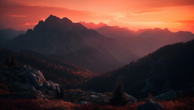 Majestätische Bergkette, ruhige Wiese, ruhiger Sonnenuntergang, erzeugt von AI