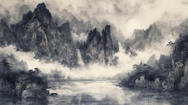 Majestätische Bergkette und ruhiger Fluss in einem wunderschönen Gemälde