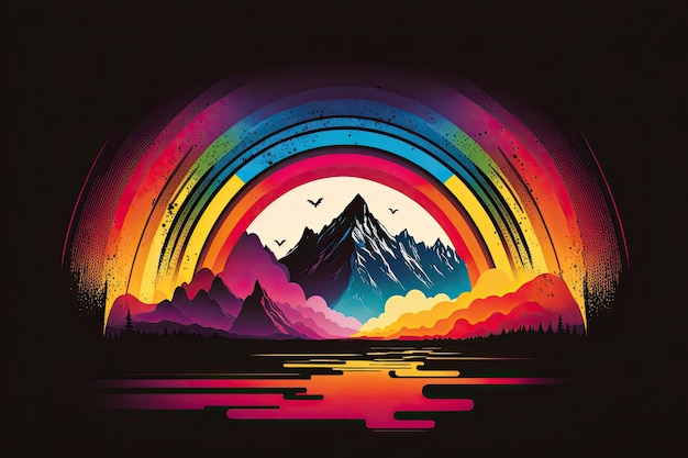 Foto majestätische berglandschaft mit einem leuchtenden regenbogen in der ferne. generative ki