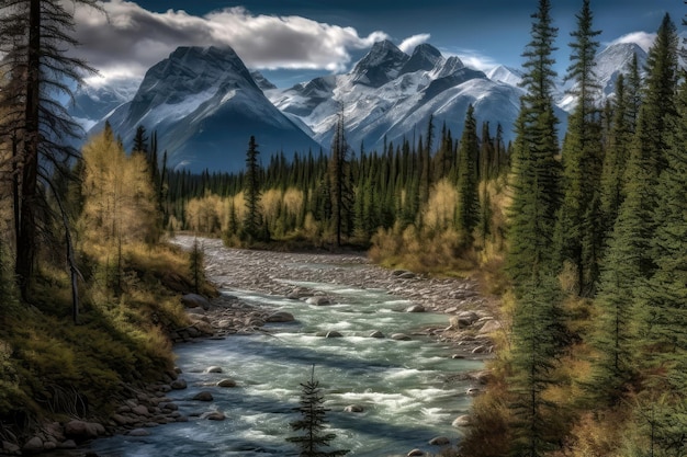 Majestätische Berglandschaft, schneebedeckte Gipfel, immergrüne Wälder, sich schlängelnder Fluss, generative KI