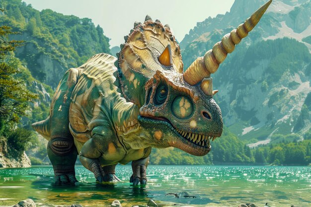 Majestätische digitale Illustration von Triceratops im natürlichen Lebensraum am See mit üppigem Grün und