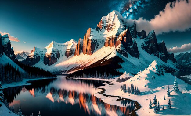 Majestätische, fantasievolle, schneebedeckte Berge, leuchtende Neonfarben, Thema Landschaft, Hintergrund, Wandkunst, KI-generiert