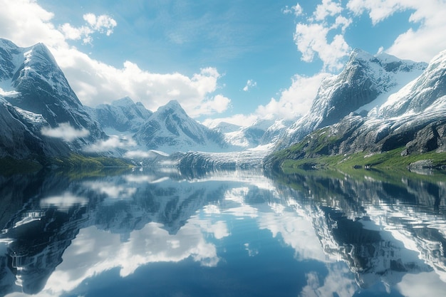 Majestätische Fjorde, die die schneebedeckten Erbsen spiegeln
