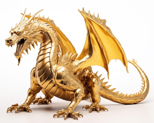 Majestätische goldene Drachenstatue isoliert auf einem weißen Hintergrund 3D-Rendering-Bild mit komplizierten Details