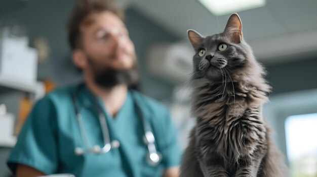 Majestätische graue Katze im Fokus mit einem verschwommenen Tierarzt im Hintergrund Haustier in einer Tierarztklinik perfekt für Haustierpflege Themen KI