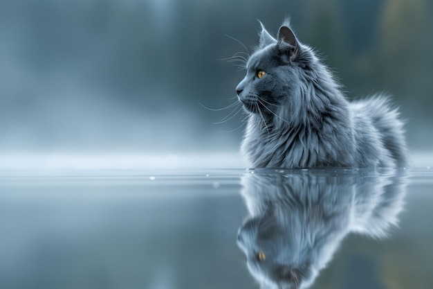 Majestätische graue langhaarige Katze mit pierzenden gelben Augen betrachtet ihre Reflexion auf ruhigem Wasser