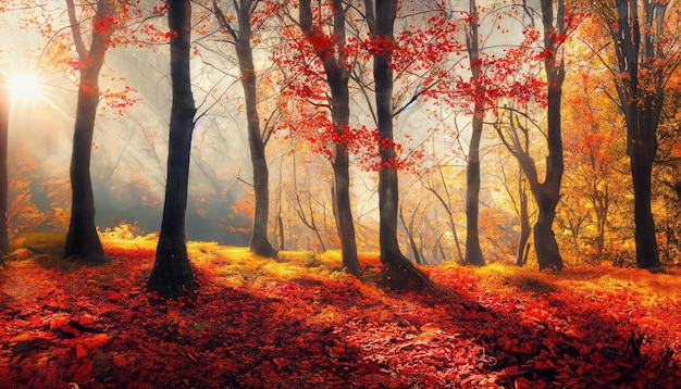 Majestätische Herbstbäume im Wald, die im Sonnenlicht leuchten. Rote Herbstblätter. Dramatische Morgenszene