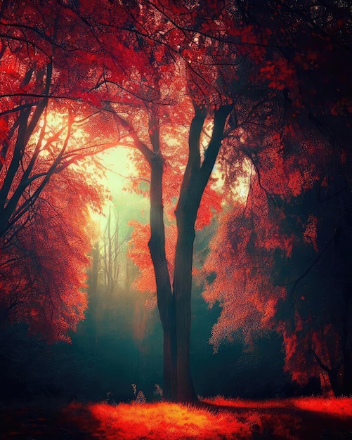 Majestätische Herbstbäume im Wald, die im Sonnenlicht leuchten. Rote Herbstblätter. Dramatische Morgenszene