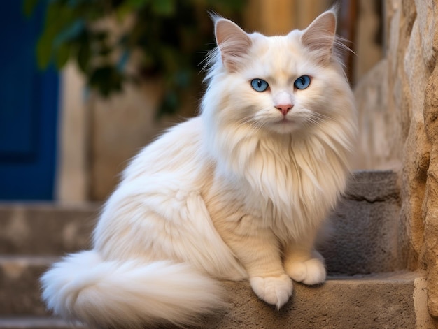 Majestätische Katze mit auffälligen blauen Augen, die königlich auf einer Treppe sitzt