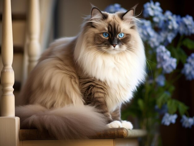 Majestätische Katze mit auffälligen blauen Augen, die königlich auf einer Treppe sitzt