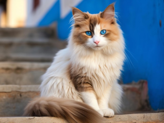 Majestätische Katze mit auffälligen blauen Augen, die königlich auf einer Treppe sitzt