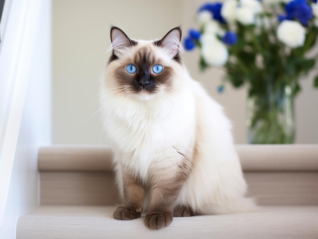 Majestätische Katze mit auffälligen blauen Augen, die königlich auf einer Treppe sitzt