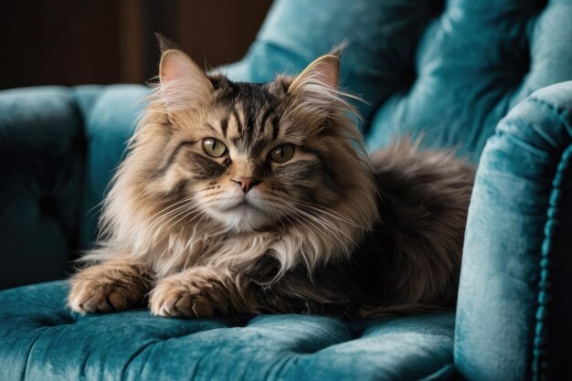 Majestätische langhaarige Katze auf einem Samtstuhl