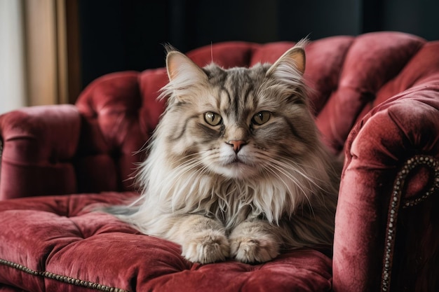 Majestätische langhaarige Katze auf einem Samtstuhl