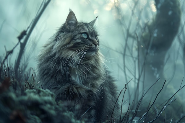 Majestätische langhaarige Katze in einer mystischen Waldumgebung mit ätherischem Nebel und launischer Atmosphäre