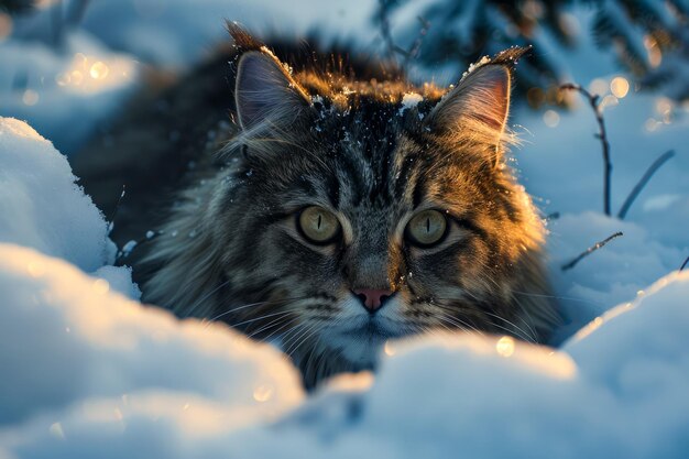 Majestätische langhaarige Tabby-Katze, die durch Schneeflocken in einer Winter-Wunderland-Szene späht