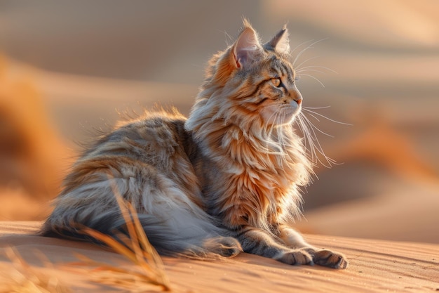 Majestätische langhaarige Tabby-Katze, die sich im goldenen Sonnenuntergangslicht auf einer Holzoberfläche im Freien erfreut