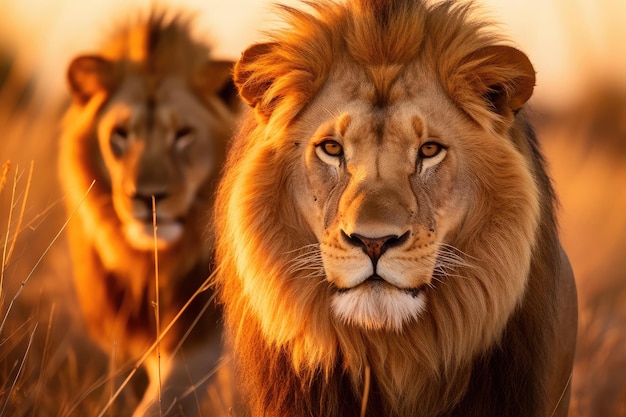 Majestätische Löwen, die frei durch die goldenen Savannenweiden wandern, gebadet von den warmen Farbtönen der untergehenden Sonne, die das königliche Verhalten und die Einheit des Pride39 zeigen.