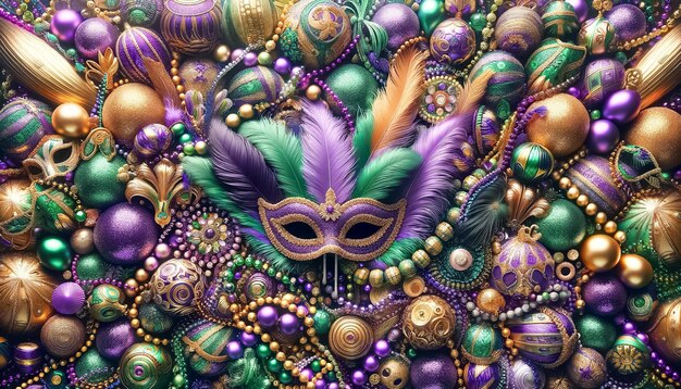 Majestätische Mardi Gras-Maske inmitten einer Schatzkammer aus festlichen Ornamenten