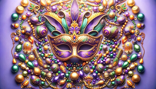 Majestätische Mardi Gras-Maske inmitten einer Schatzkammer aus festlichen Ornamenten