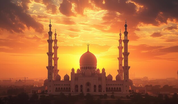 Majestätische Moschee vor Sonnenuntergang Hintergrund Moschee Silhouetten Foto