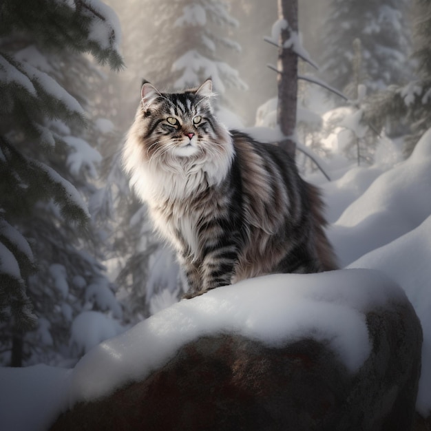 Majestätische Norwegische Waldkatze auf schneebedecktem Felsen