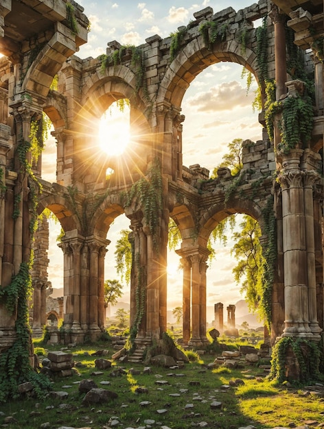 Majestätische Ruinen einer alten, mysteriösen Stadt beim Sonnenuntergang