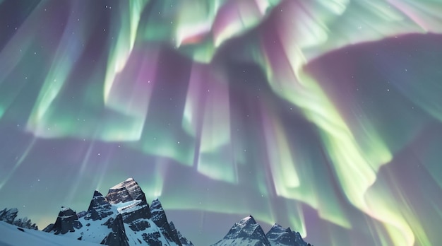 Majestätische schneebedeckte Berge und farbenfroher Aurora-Himmel