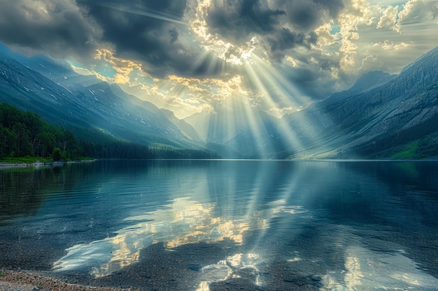 Majestätische Sonnenstrahlen durchbrechen die Wolken über einem ruhigen Bergsee in einer ruhigen Naturlandschaft