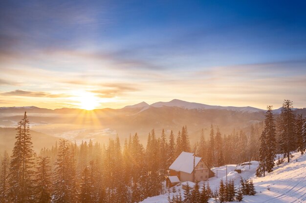 Majestätische Winterlandschaft, die morgens durch Sonnenlicht glüht Dramatische Winterlandschaft Karpaten Ukraine Europa Schönheitswelt Frohes neues Jahr