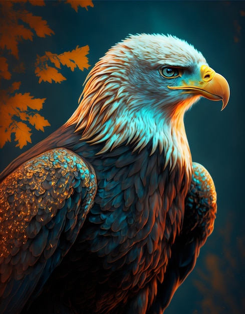 majestätischer Adler, blaugrüne und orangefarbene Farben, hochdetaillierte, generative KI