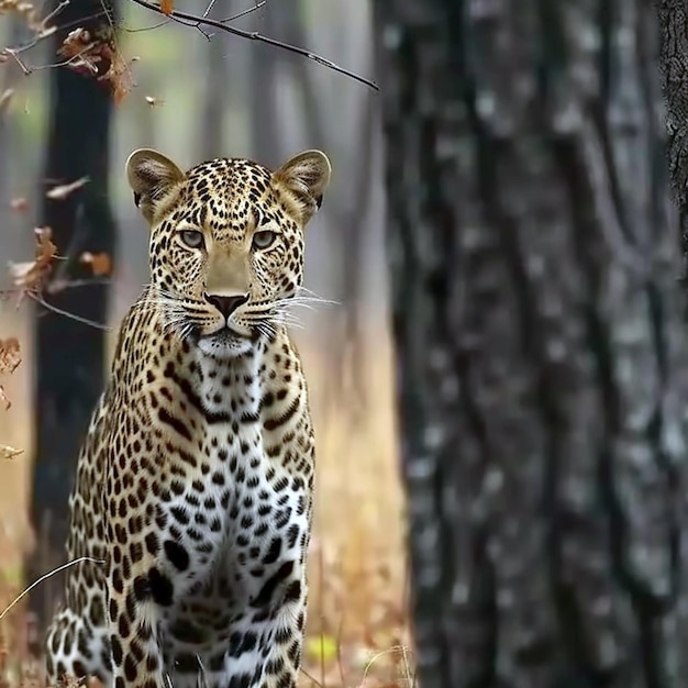Majestätischer Amur-Leopard erscheint hinter einem Baumstamm AI Generative
