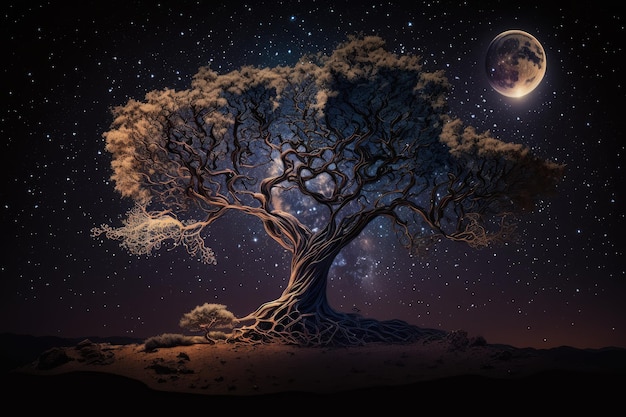 Majestätischer Baum mit Blick auf Sternhaufen und Mond am Nachthimmel