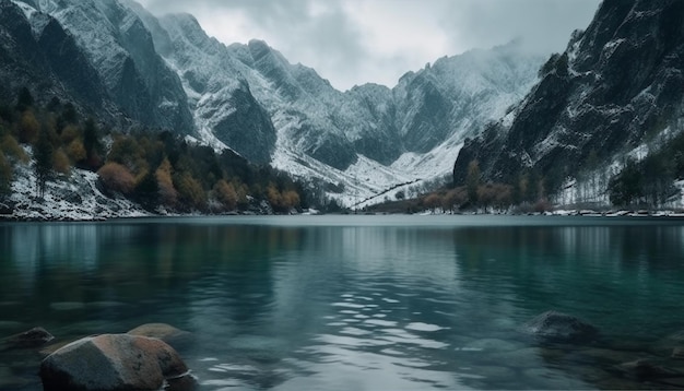 Majestätischer Berggipfel, der sich auf ruhigem, von KI erzeugtem Wasser widerspiegelt