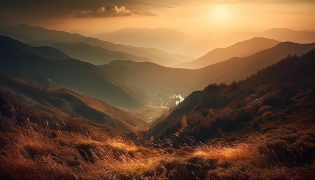 Majestätischer Berggipfel mit Hintergrundbeleuchtung bei Sonnenaufgang, generiert von KI