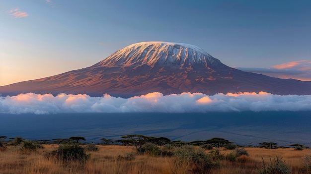 Foto majestätischer blick auf den schneebedeckten kilimanjaro bei sonnenaufgang mit klarem himmel und wolken darunter in