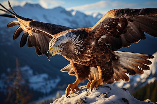 Majestätischer goldener Adler fliegt über den Wald und hält eine Schlange in den Krallen.