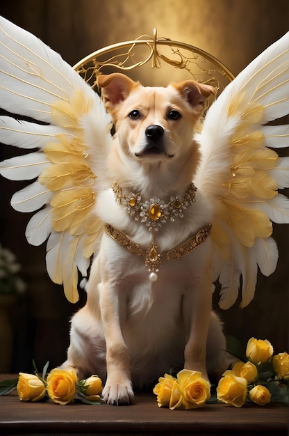 Foto majestätischer hund mit flügeln und krone