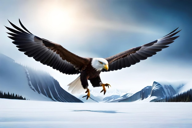 majestätischer kahlköpfiger Adler im Flug mit ausgestreckten Flügeln vor dem Hintergrund einer riesigen Wildnis