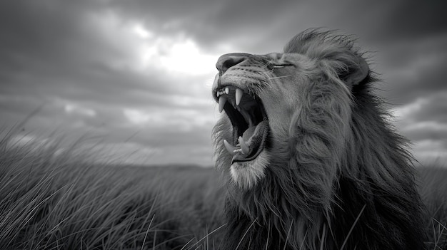 Majestätischer Löwe brüllt wütend in Schwarz-Weiß
