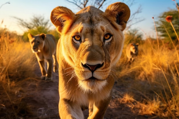 Majestätischer Löwe, der durch die afrikanische Savanne streift, ein mächtiges Symbol der Wildnis