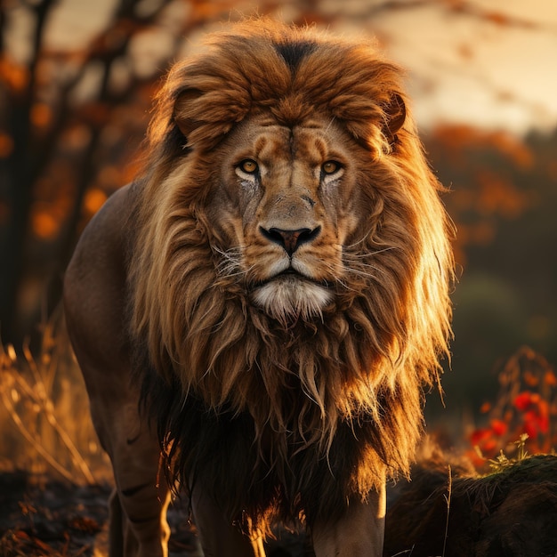 Majestätischer Löwe Ein mächtiger Löwe mit wallender Mähne, der stolz in der Savanne steht