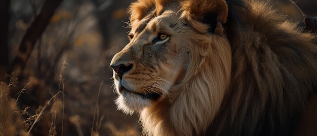 Majestätischer Löwe, gefangen in seinem natürlichen Lebensraum, umgeben von hohem Gras und Bäumen Generative KI